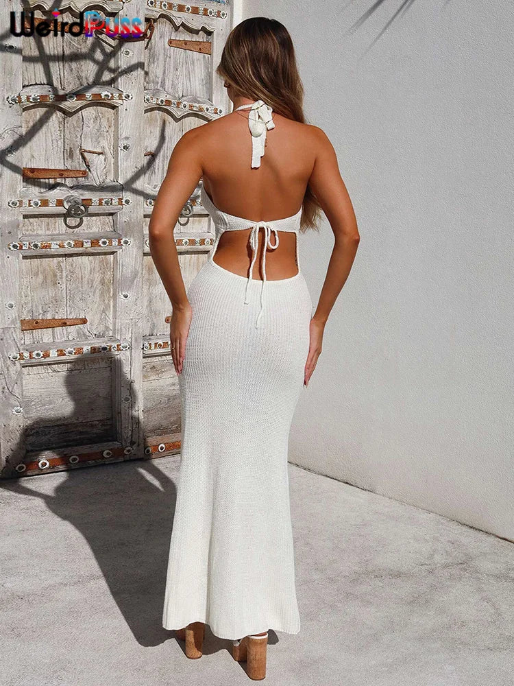 Vestido Puro de Crochet Feminino Decote V