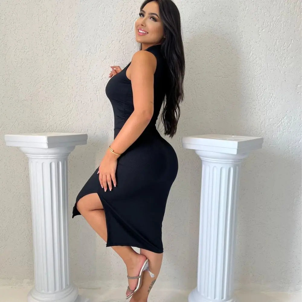 Vestido Gola Alta Sem Mangas Tecido Ribana Premium