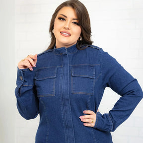 Jaqueta Jeans com Bolso e Zíper Feminina