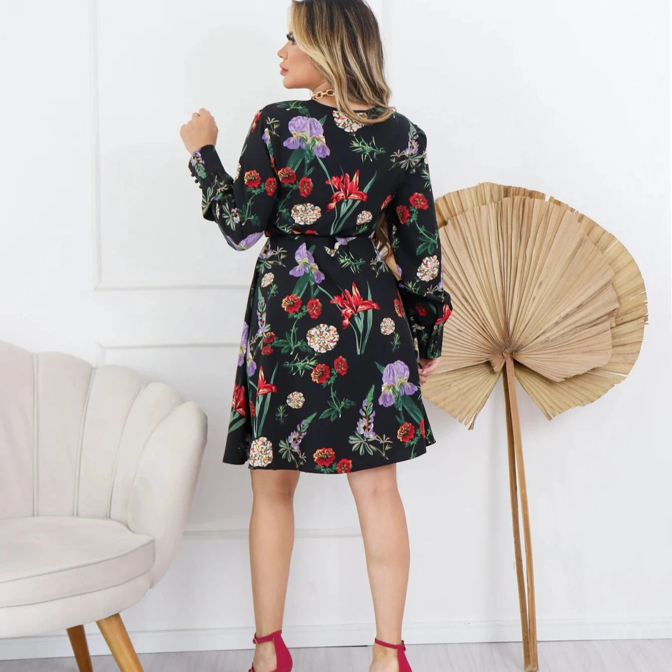 Vestido Impressão Estampado Manga Longa