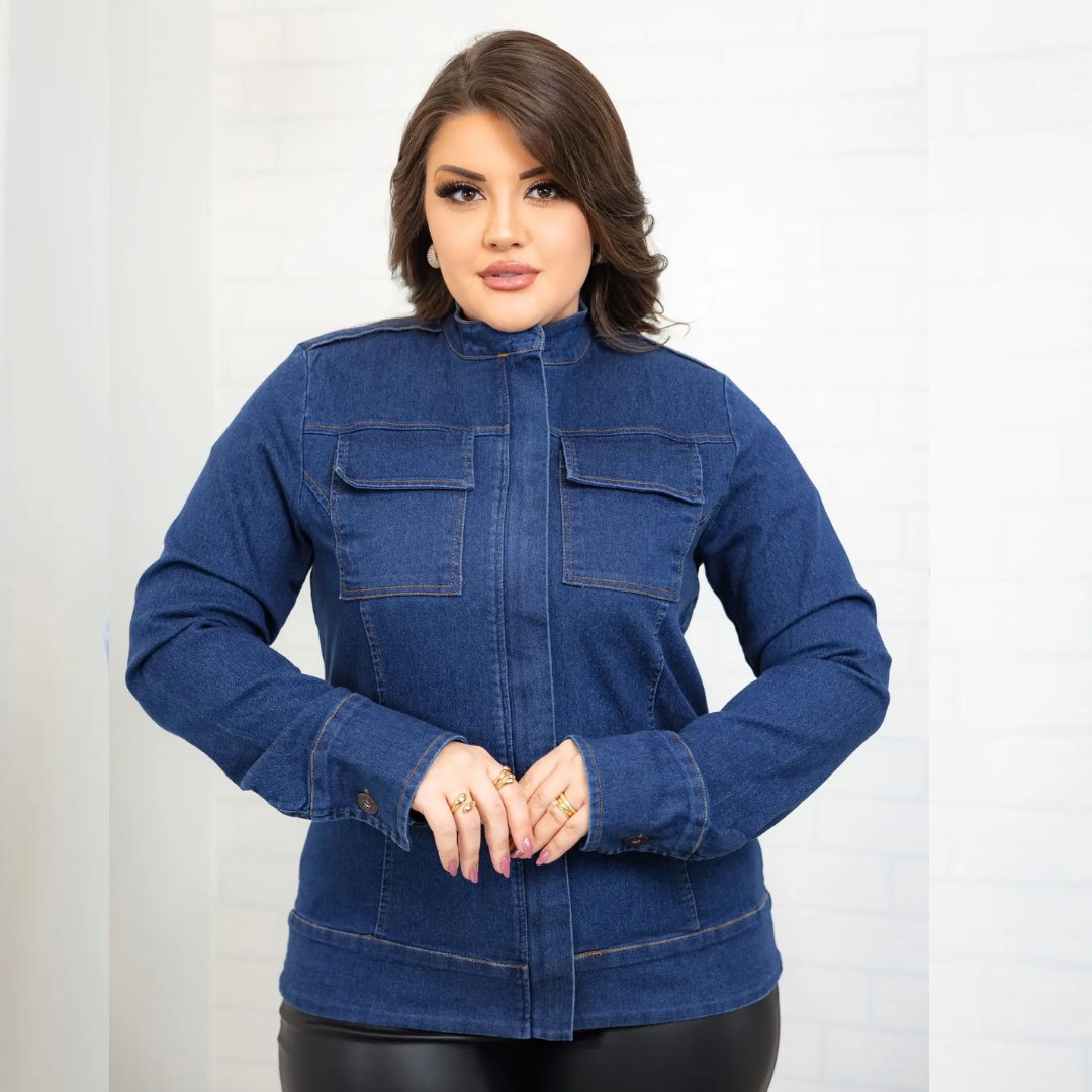 Jaqueta Jeans com Bolso e Zíper Feminina