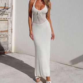 Vestido Puro de Crochet Feminino Decote V